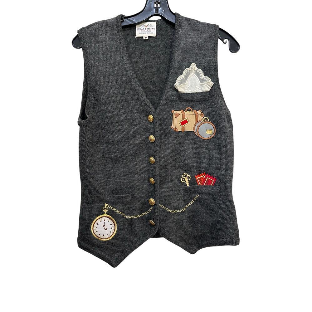 Vintage Susan Bristol Vest Worsted Wool Embroidered Novelty Gray Size Medium